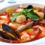 Tomato soup with seafood and fish
